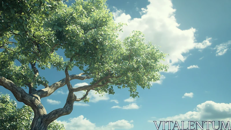 Sunlit leafy tree with twisted branches under blue sky, realistic style.