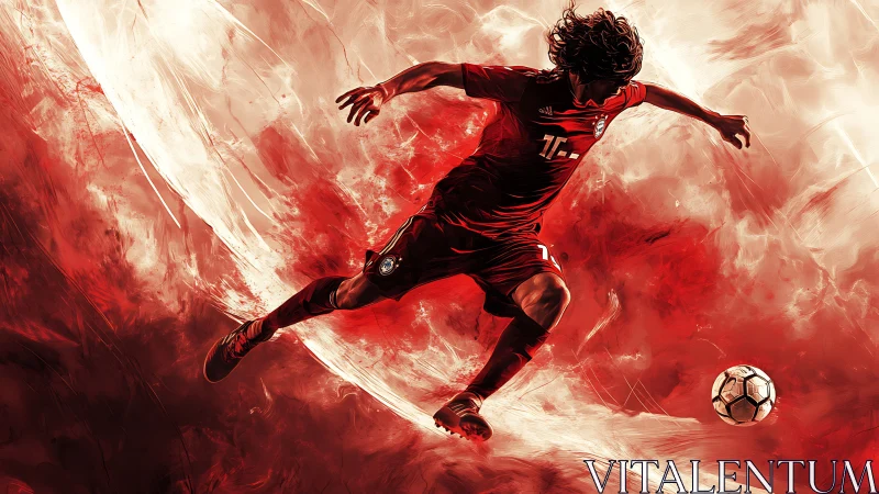 Dynamic digital painting of football striker in red motion field.