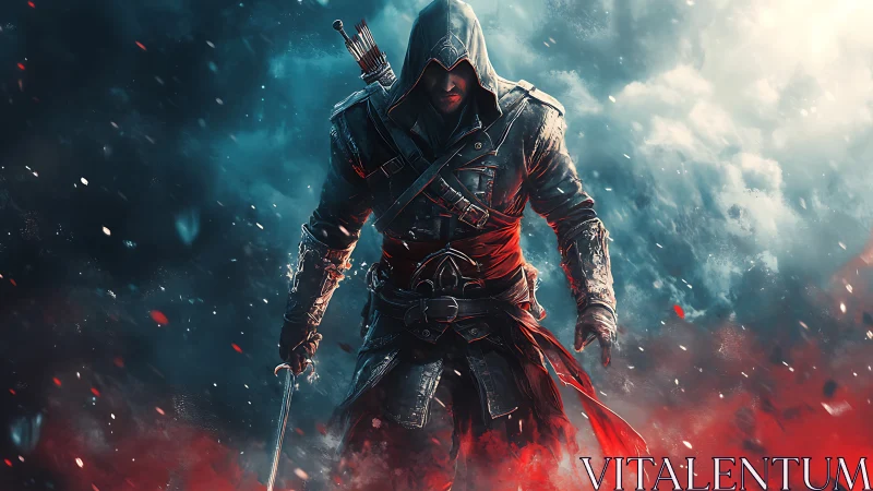 Hooded armed figure in dark armor within smoky color field.