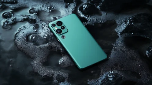Emerald smartphone drifts over moody dark liquid terrain.