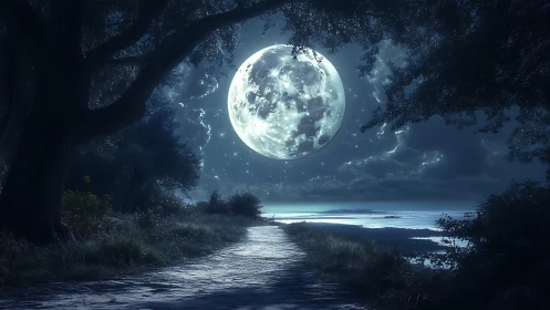 Moonlit coastal path under enlarged lunar disk at night.