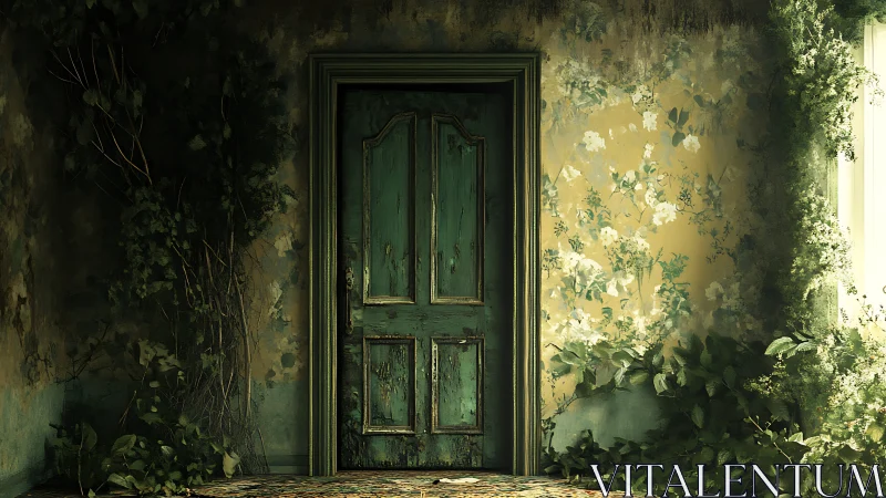 Weathered green door in overgrown, sunlit interior room.