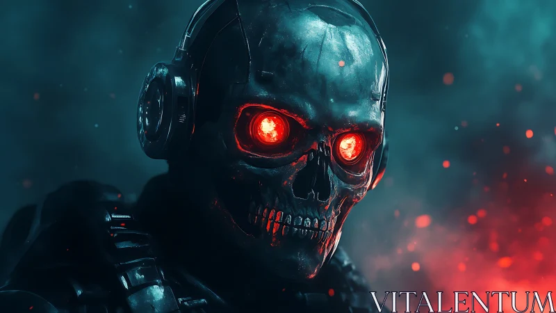 Cybernetic skull soldier glares through blazing neon smoke