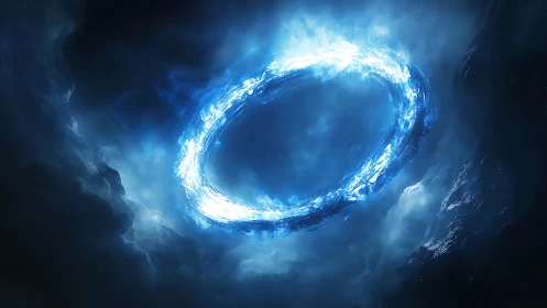 Gentle blue energy portal swirling through quiet storm clouds.