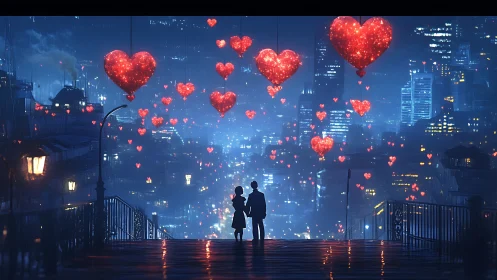 Urban Romance Scene With Floating Red Hearts.