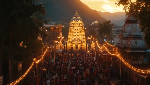 Golden temple tower at dusk amid dense festival crowd.