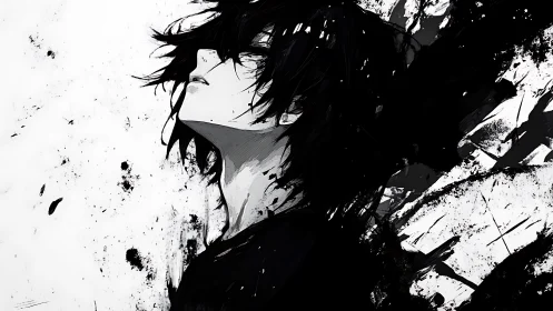 Ink-splattered anime portrait channels raw emotional release.