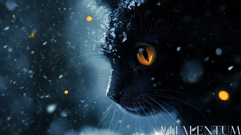 Digital illustration of feline head with amber eyes amid particles.