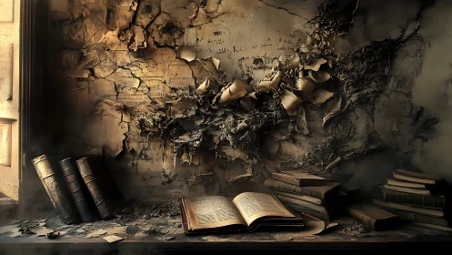 Decayed study wall with open book and scattered volumes.