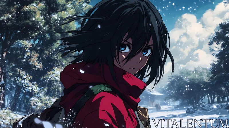 Blue-eyed wanderer stares back amid quiet winter snowfall