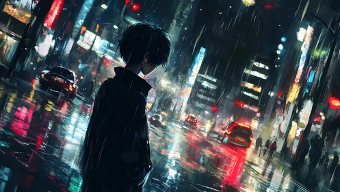 Solitary figure walks through neon city streets in rain