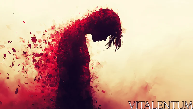 Shattered silhouette dissolving into crimson memory dust.