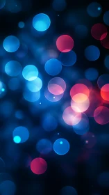 Blue and red bokeh light orbs glow against deep dark background