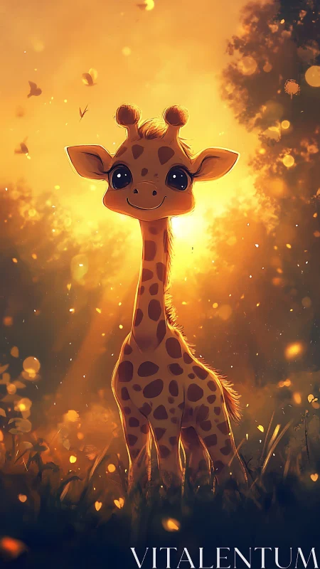 Sunlit baby giraffe in glowing golden forest haze.