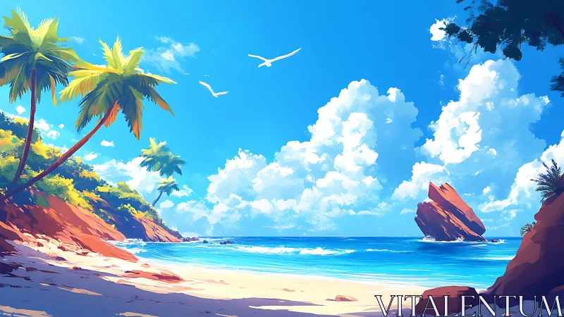 Tropical Paradise Beach with Soaring Seabirds and Vibrant Cliffs