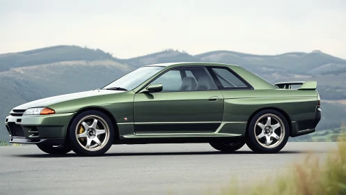 Side profile of green two-door coupe on open roadway.
