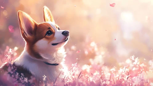 Welsh corgi portrait in luminous pink spring meadow.