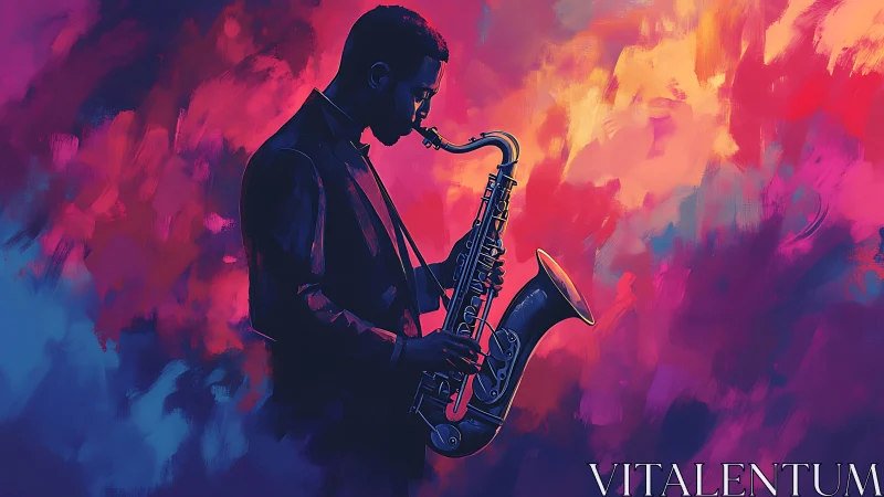 Jazz saxophonist silhouette against vivid abstract colors.