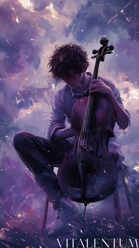 Young cellist seated in moody purple abstract light.