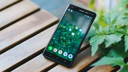 Google Pixel smartphone displaying verdant bokeh interface on wooden plinth.