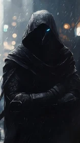 Hooded dark figure with glowing eye in rainy city street.