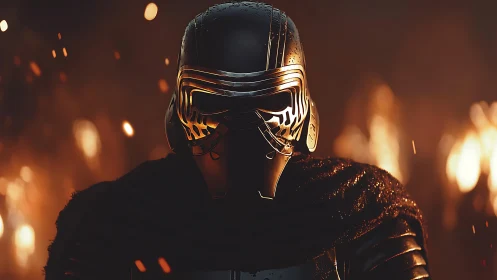 Masked warrior stands amid burning embers and darkness.