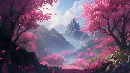 Chromatic alpine valley with luminous cherry flora rendered.