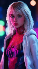 Neon city heroine gazes forward in vibrant spider suit