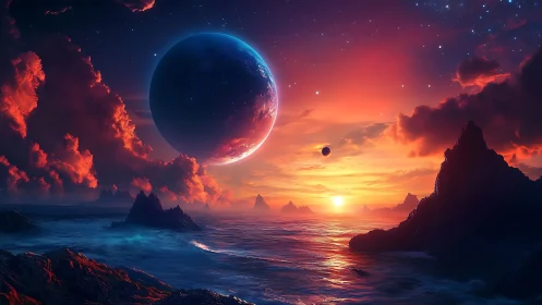 Alien ocean at sunset under colossal luminous exoplanet