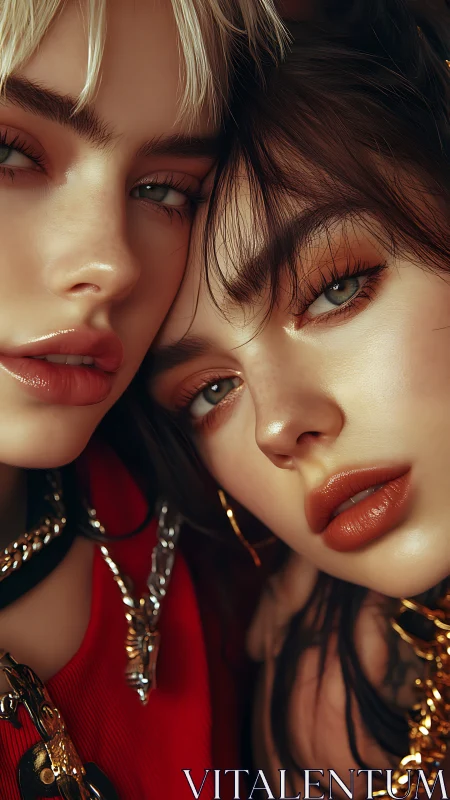 Two glamorous women pose in tight closeup beauty portrait