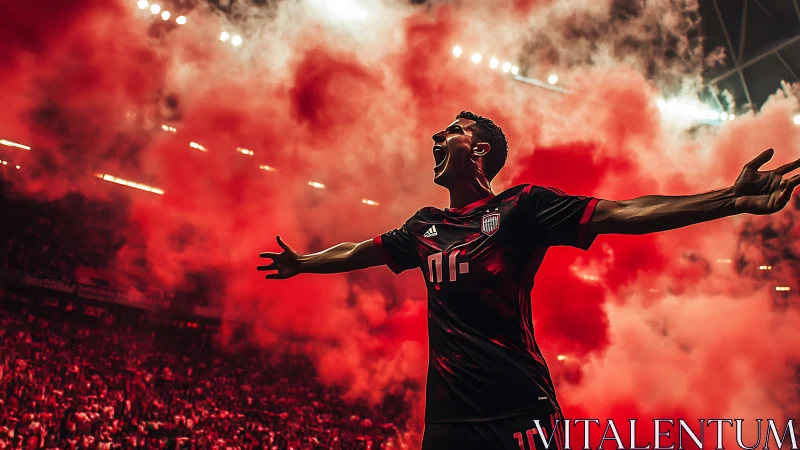 Stadium-wide flare bloom framing triumphant football forward.