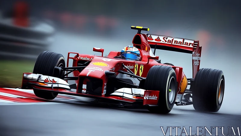 Red Formula 1 car racing hard through wet track corner.