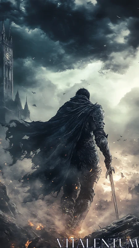 Lone armored wanderer walking through a storm of ash and sky.