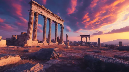 Ruined classical colonnade under dense sunset cloud cover.