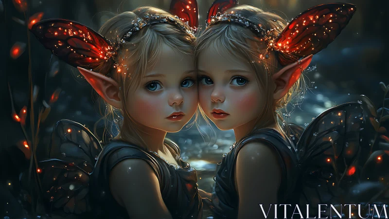 Twin firefly fae children beside a moonlit forest pool.