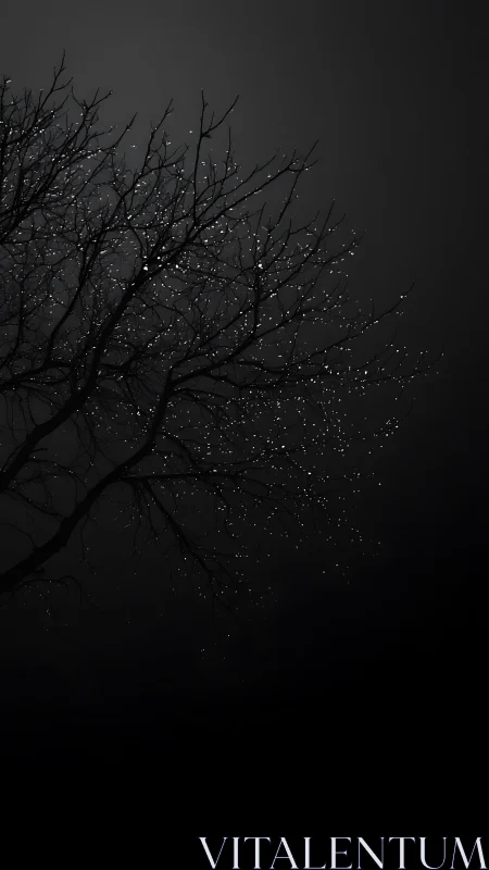 Nocturnal tree branches with raindrops in dramatic low key.