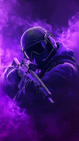 Tactical soldier silhouette holding rifle in purple smoke field.