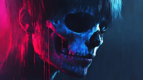 Neon-lit skull portrait merges human profile with spectral decay