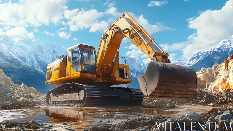 Tracked excavator in mountain construction landscape scene.