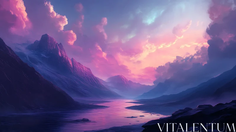 Spectral alpine fjord under volumetric twilight scattering.