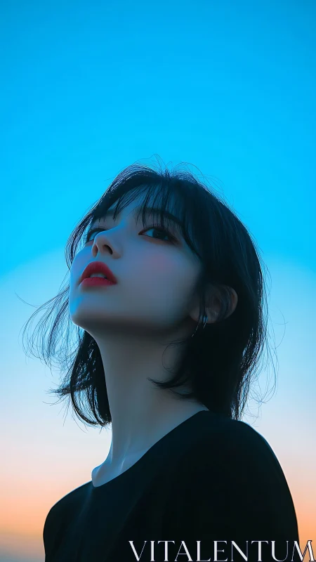 Soft-lit upward portrait under gradient twilight sky backdrop