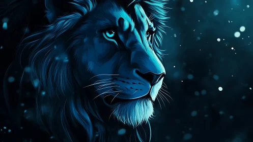 Bioluminescent blue lion portrait in high contrast profile