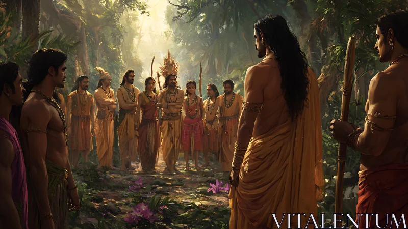 Forest gathering of robed figures in warm filtered light.