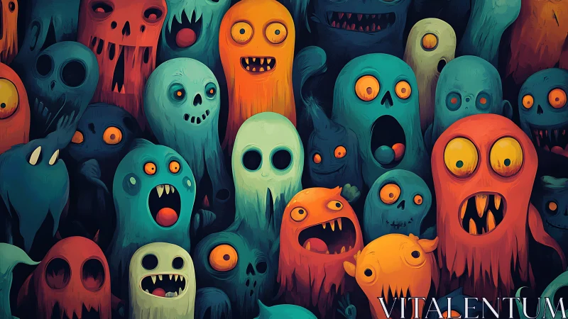 Colorful cartoon ghosts crowd into a chaotic, spooky swarm.