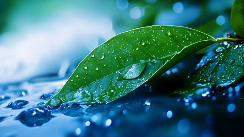 Closeup of green leaf with water droplets on blue surface.
