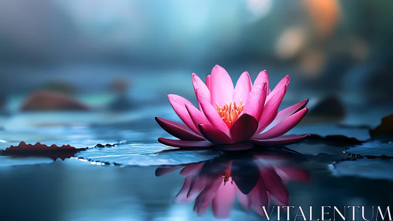 Pink water lily blooms over reflective pond in photoreal detail