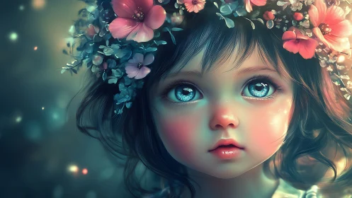 Iridescent child portrait renders floral crown in soft bokeh
