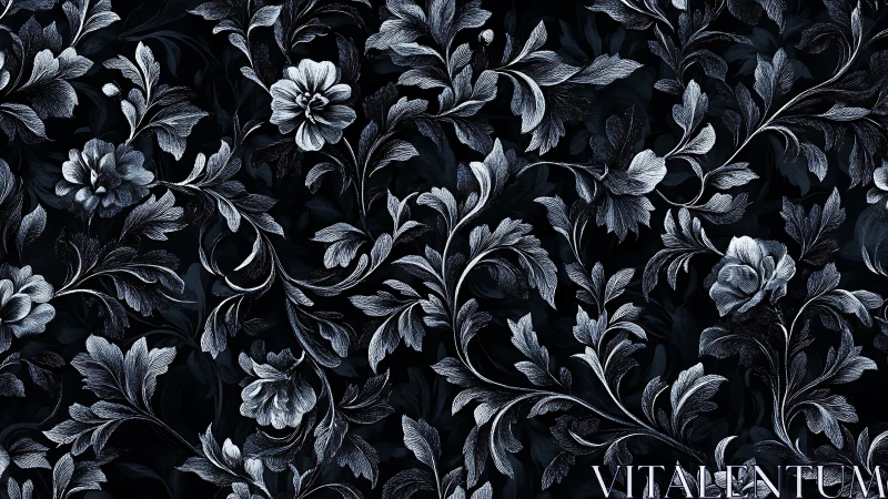 Monochrome Floral Damask Pattern on Black Background.