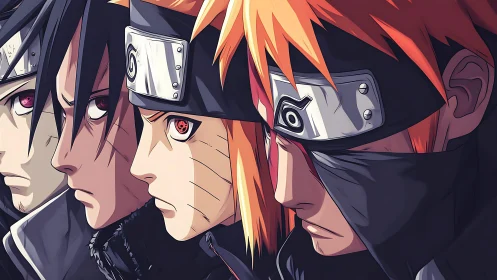 Four intense anime ninjas in close side profile view.