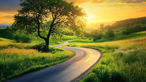 Sunlit country road curls softly through glowing green hills